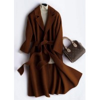 Luxury Oversize Trench Coat  Coat Brown Notched Tie Waist Woolen Coat Women