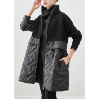 Women Black Zip Up Patchwork Fine Cotton Filled Knit Coat Winter
