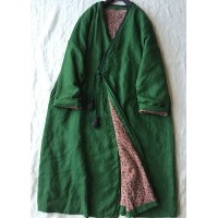 Women Green V Neck Button Cotton Filled Parka Long Coats Winter