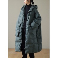 Plus Size Green hooded Zippered Pockets Winter Down Coat Long sleeve