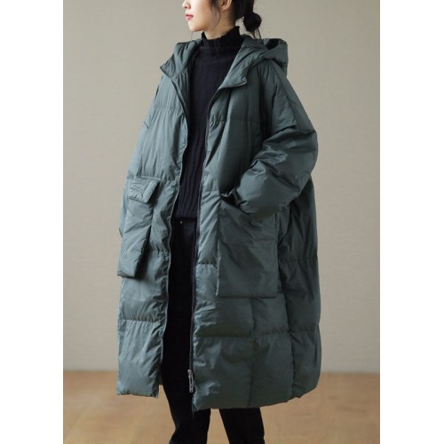 Plus Size Green hooded Zippered Pockets Winter Down Coat Long sleeve Plus Size Green hooded Zippered Pockets Winter Down Coat Long sleeve