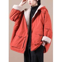 Fashion Orange hooded zippered Pockets Loose Winter parkas Coat