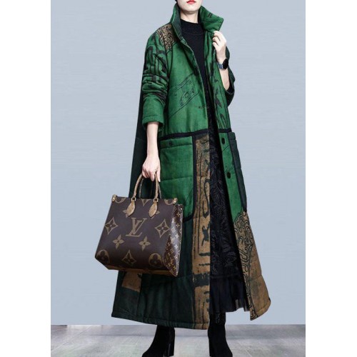 Boutique Green Print Pockets Thick Cotton Winter Long sleeve Coat Boutique Green Print Pockets Thick Cotton Winter Long sleeve Coat