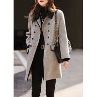 French Grey Double Breast Patchwork Woolen Trench Fall