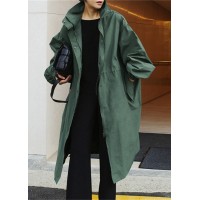 Stylish Army Green Stand Collar Button Pockets Trench Coats Long Sleeve