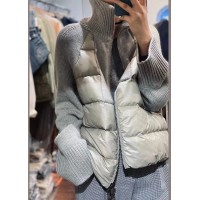 Loose Kahki Turtleneck Zip Up Knit Patchwork Parka Long Sleeve