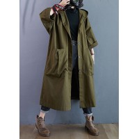 Elegant Army Green Pockets Button Fall Hooded Long sleeve Trench Coats