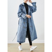 Art Light Blue Lapel Double Breast Denim Trench Coats Fall