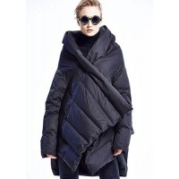 Black fashion Cloak asymmetrical design Thick Winter Duck Down Coat